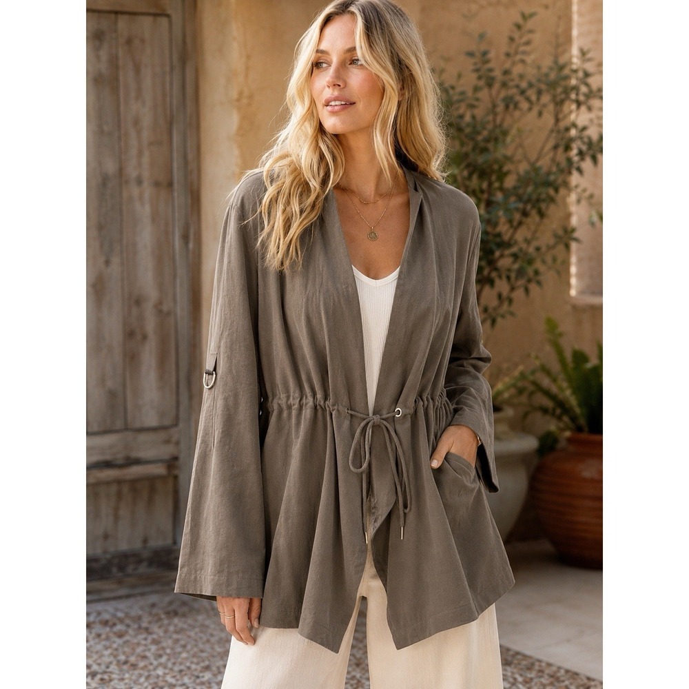 Zara Open Front Utility Jacket Taupe Drawstring Waist Viscose Pockets XL